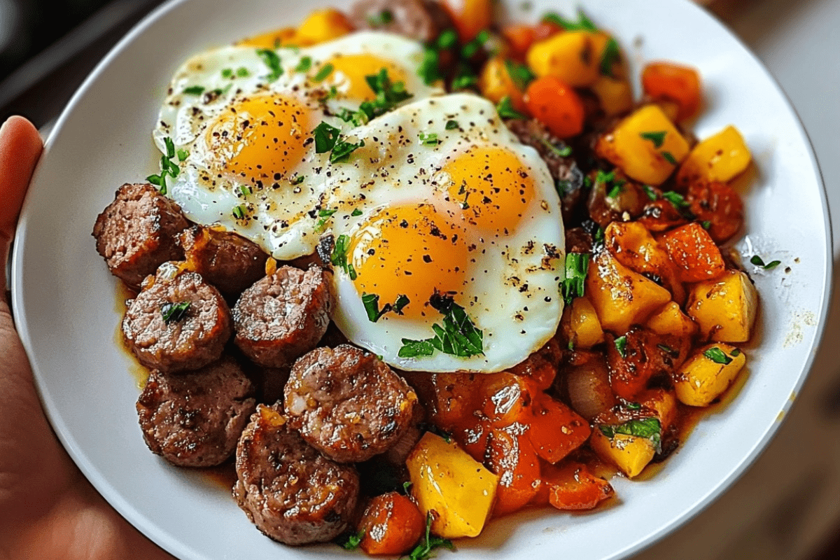 Eggs, Steak Bites, and Sausage Breakfast Skillet