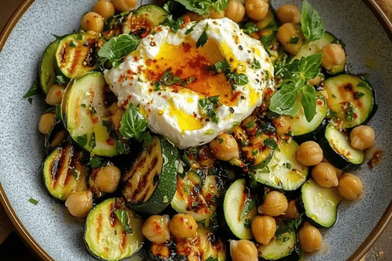 Grilled Zucchini Chickpea Salad with Burrata & Chili Oil