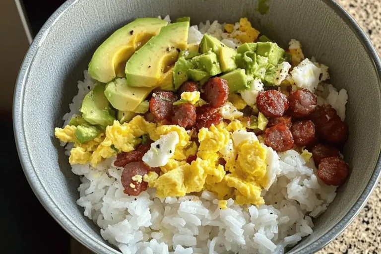 Breakfast Rice Bowl with Avocado, Eggs & Sausage